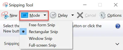 WIN 10 Snipping Tool Mode selected